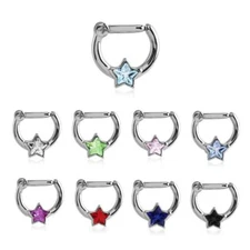 Septum Clicker 316L Surgical Steel Nose Ring Hoop Star CZ 6mm 16 Gauge 16G