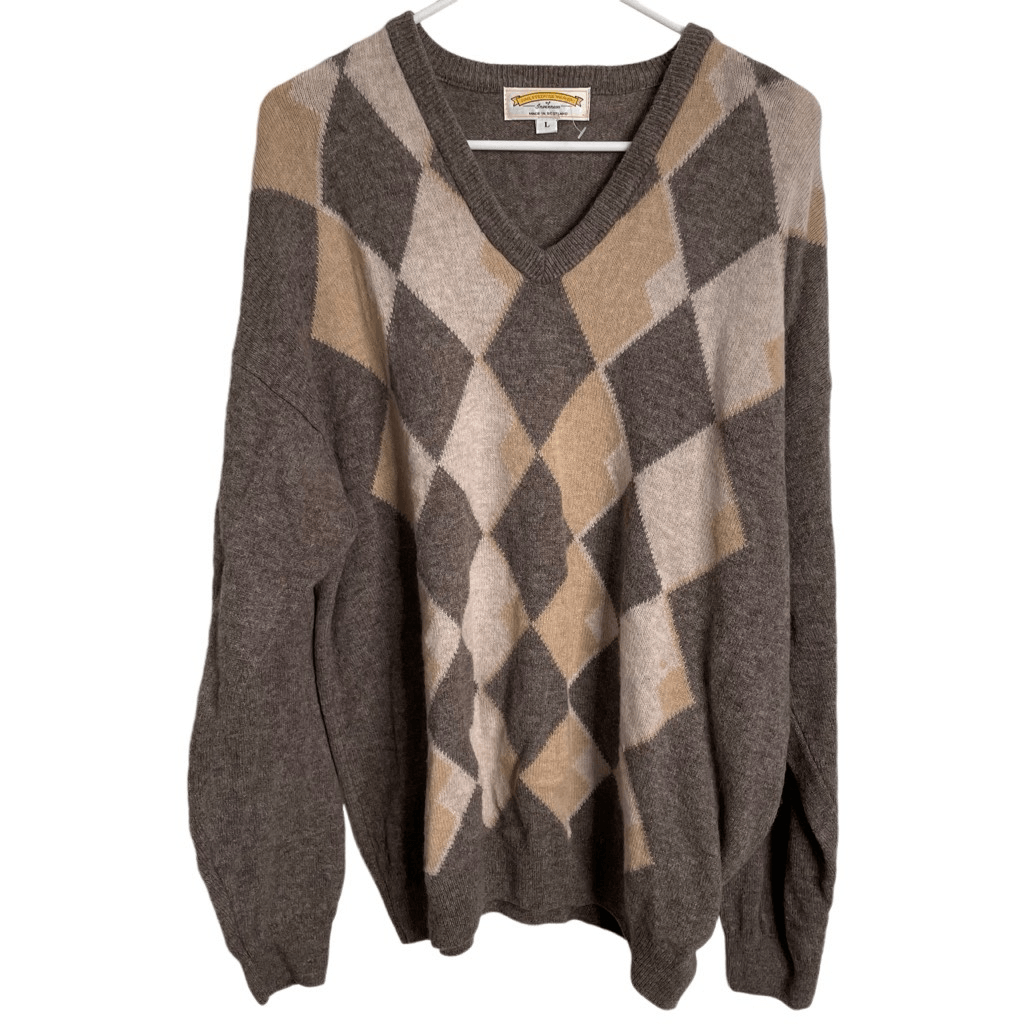 James Pringle Weavers Mens Lambswool Sweater L Argyle Print V Neck Classic  Work