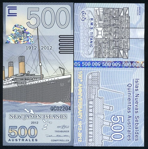New Jason Islands, 500 Australes, 2012, POLYMER, UNC Titanic 100th anniversary