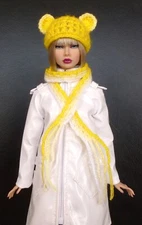Miniature Crochet Hat&Scarf with Bear Ears for Poppy Parker, FR, Nu Face, Barbie