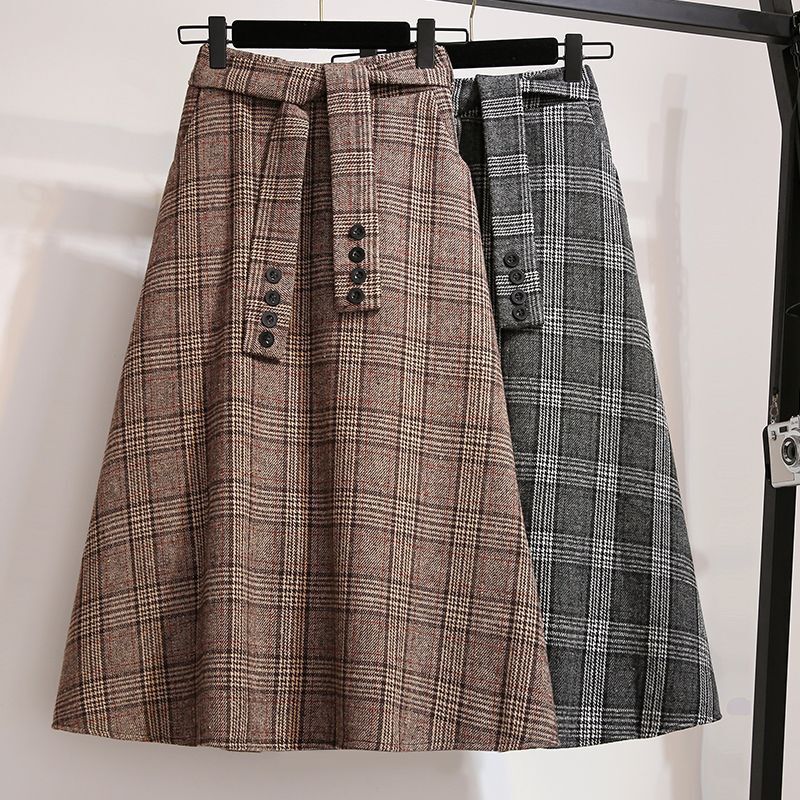 Women Retro Plaid Midi Skirt Faux Wool Pleated High Waist Big Swing Skirt
