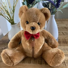 Vintage Russ Berrie 12" Zippered Brown Bear Red Bowtie Plush Stuffed Animal RARE