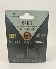 Micro SD Card 64GB Plus Adapter, MicroSDXC SDXC U3 Class 10 V30 Amplim Open Box