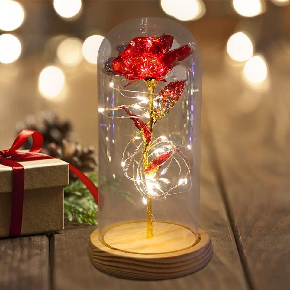 Galaxy Rose In Glass Dome With LED Light - Eternal Forever Flower Gift For Mom, Wife, Birthday & Anniversary