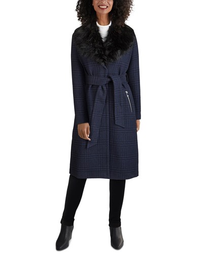 Guess Faux-Fur-Collar Belted Wrap Coat - Black/Navy Plaid - Size XL