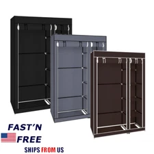 Heavy Duty Portable Closet Organizer Wardrobe Clothes Shoe Clothes Rack w/ Cover