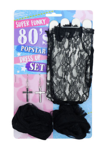 Ladies Madonna 80's Pop Star Fancy Dress Up Set (Lace Gloves Earrings Hair Bow) - Picture 1 of 1