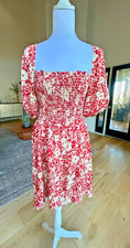 RESA Summer Dress S Red White Floral Smocked Puff Sleeve Square Neck MADE in USA