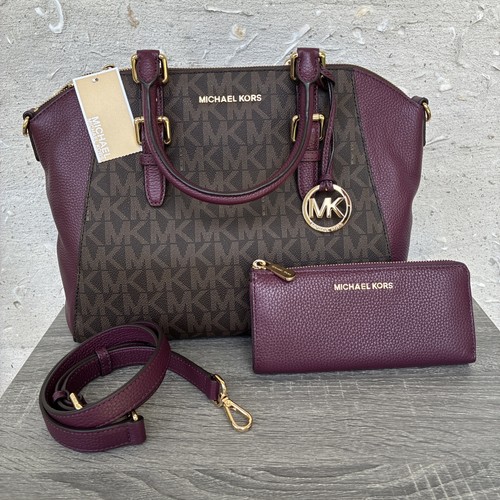 New Michael Kors Ciara Large TZ Satchel with Strap and Wallet Plum Brown Logo