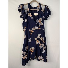 J.O.A. Embroidered Cold Shoulder Mini Dress Women Medium Navy Blue Floral BC5928