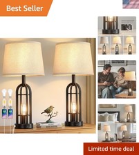 Set of 2 Farmhouse Black Table Lamps with USB Ports   24-Inch Industrial Design