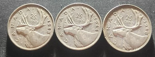 (3) 80% Silver Canadian Quarters (1943, 1944, & 1948)