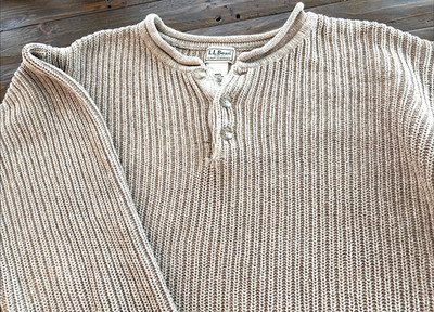 L.L.Bean Men's XL Roll Neck Henley Sweater Beige Ribbed Knit Fisherman