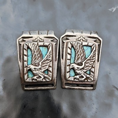 Native American Sterling Silver Turquoise Eagle Watch Tips Signed OR VTG