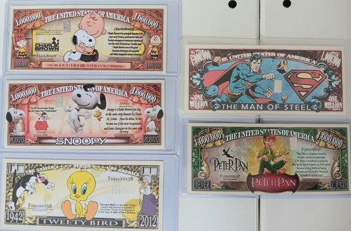 5-grain .999 Fine Silver Play Money Charlie Brown, Snoopy, Superman, Peter Pan