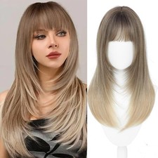 Ombre Light Brown to Blonde w/ Bangs Long Straight 20in Women Hair Topper