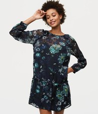 NWOT Ann Taylor LOFT Long Sleeve Drop Waist Flounce Navy Blu Dress SZ XS