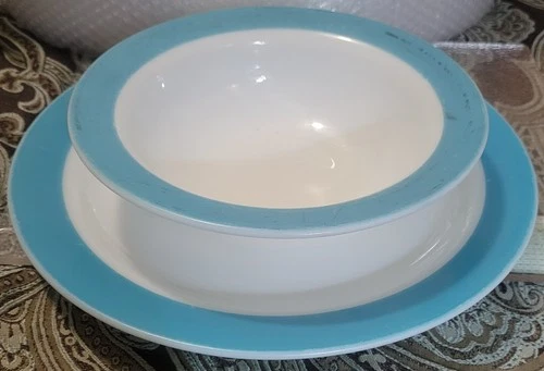 Vintage Pyrex Blue Band Serving Pcs Bowl 9” & 12.25" Plate White Milk Glass USA