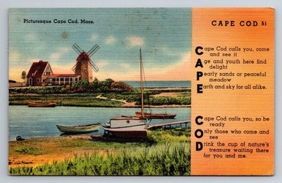 MA, Cape Cod, Poem, Windmill, Boats, Vintage Postcard