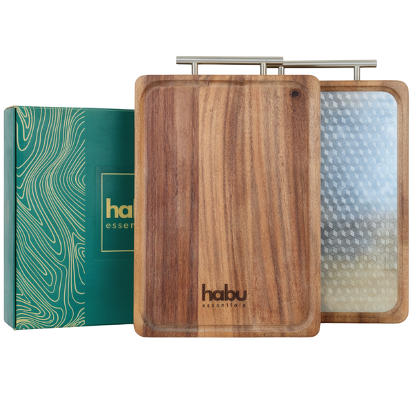 Habu Essentials Schneidebrett Holz 35X25 Cm Walnuss 304 Edelstahl Doppelseitig-image