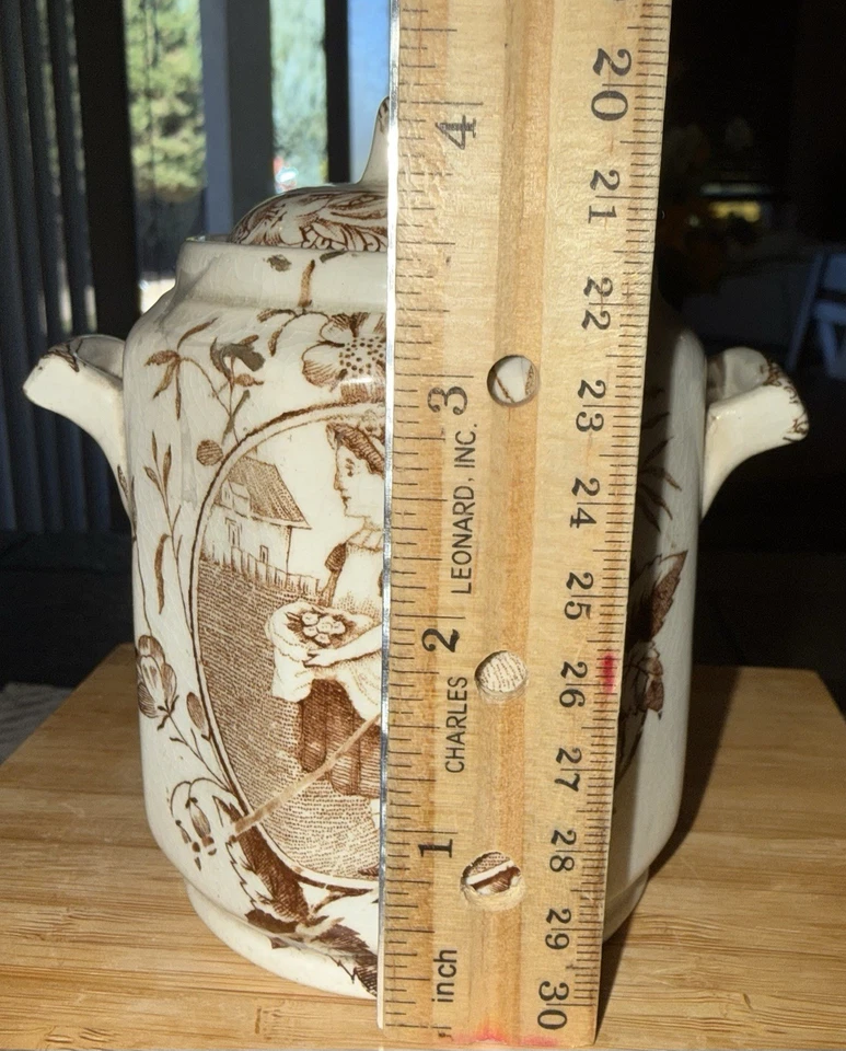 Antiguo tarro de azúcar con tapa Little May W Eggs Brown Transferware Staffordshire  Foto 2 de 4