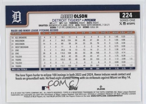 2025 Topps Series 1 Reese Olson #224 1lq2 - Afbeelding 2 van 3