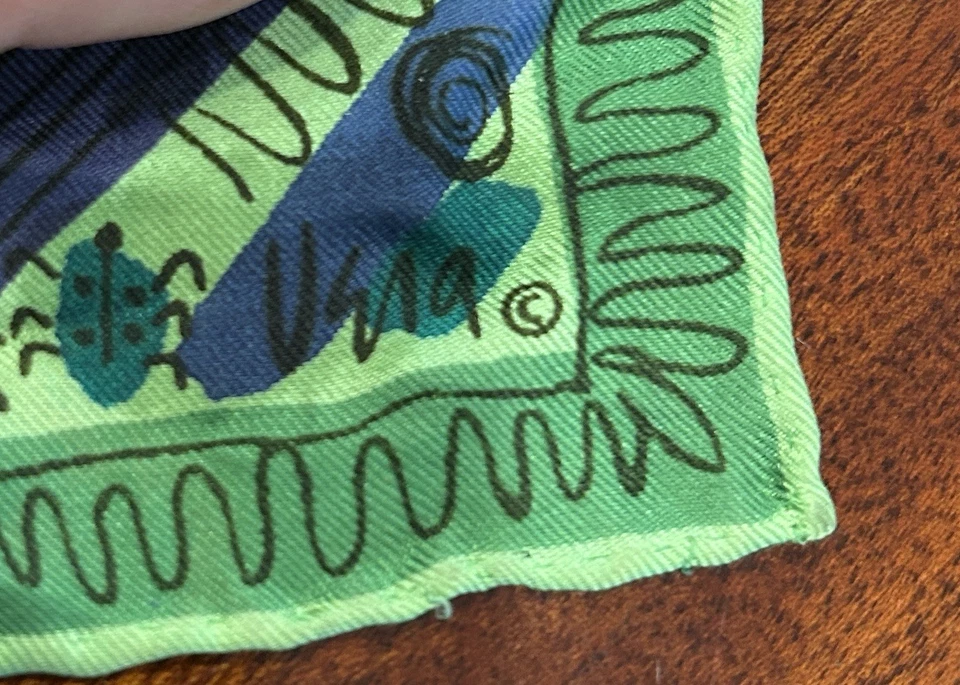 "Bufanda de seda Vera Neumann 15x44"" verde azul geométrica vintage" Foto 3 de 4