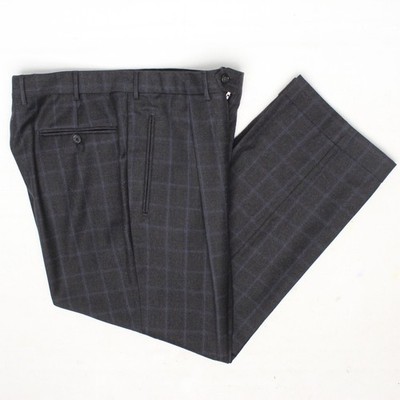 Corneliani Dress Pants Mens 33x28 Dark Gray Blue Plaid Pleated Trousers Italy