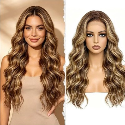 HD Lace Front Wig Human Hair Blend Highlights  Straight Honey BROWN Blonde