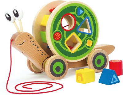 Hape Walk-A-Long Snail Wooden Pull Toy Shape Sorter E0349 Toddler 12M+
