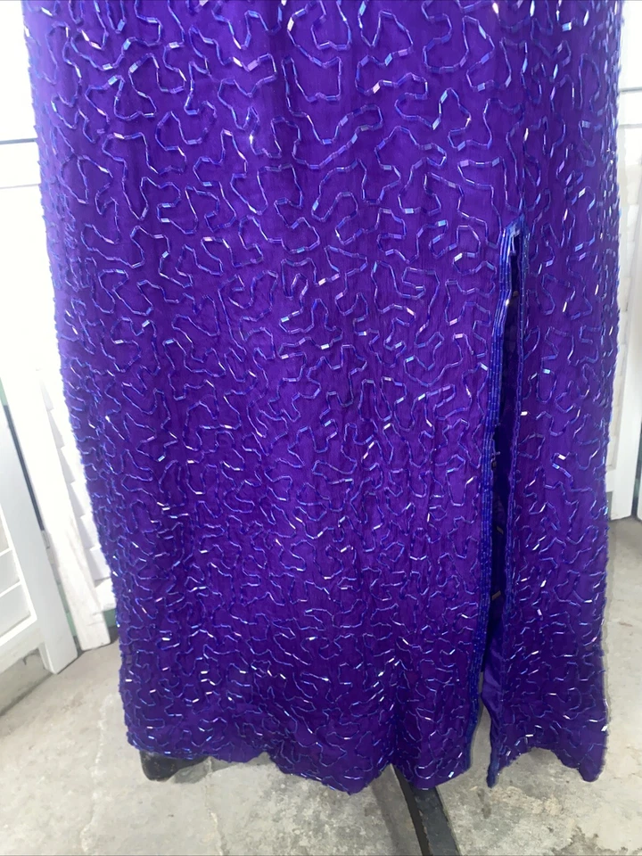 Maxi Vestido Vaina Vintage Años 80 Púrpura Lentejuelas Cuentas Largo Años 80 Seda Talla L/XL Foto 4 de 4