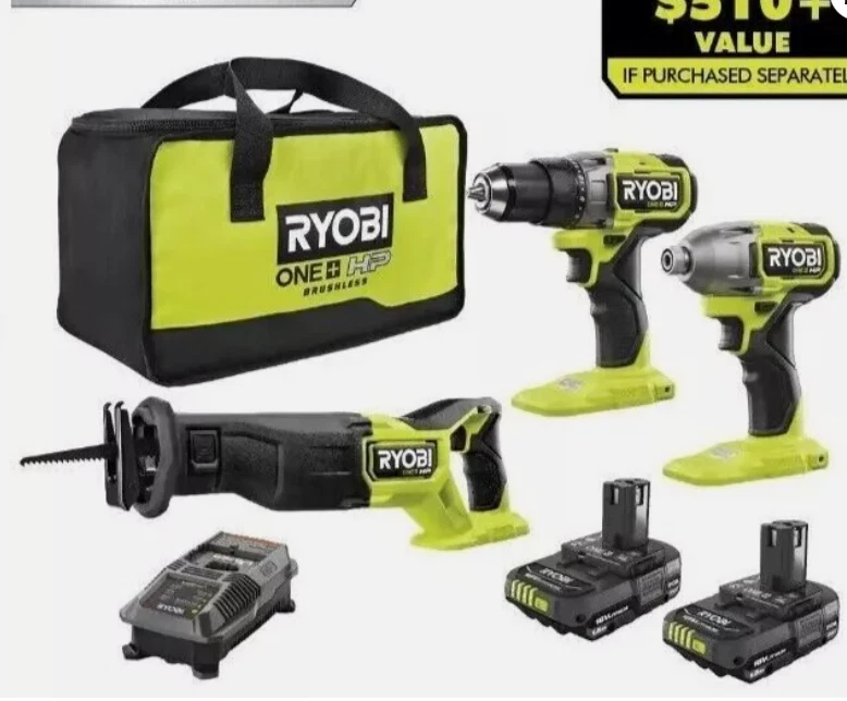 Ryobi ONE+ HP 18V Brushless Cordless 3-Tool Combo Kit PBLCK33K2N w/ 2 1.5Ah Batt - Image 2 of 2