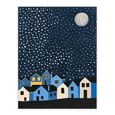 Full Moon Starry Night Over Town Graphic Design Wall Art Poster Print