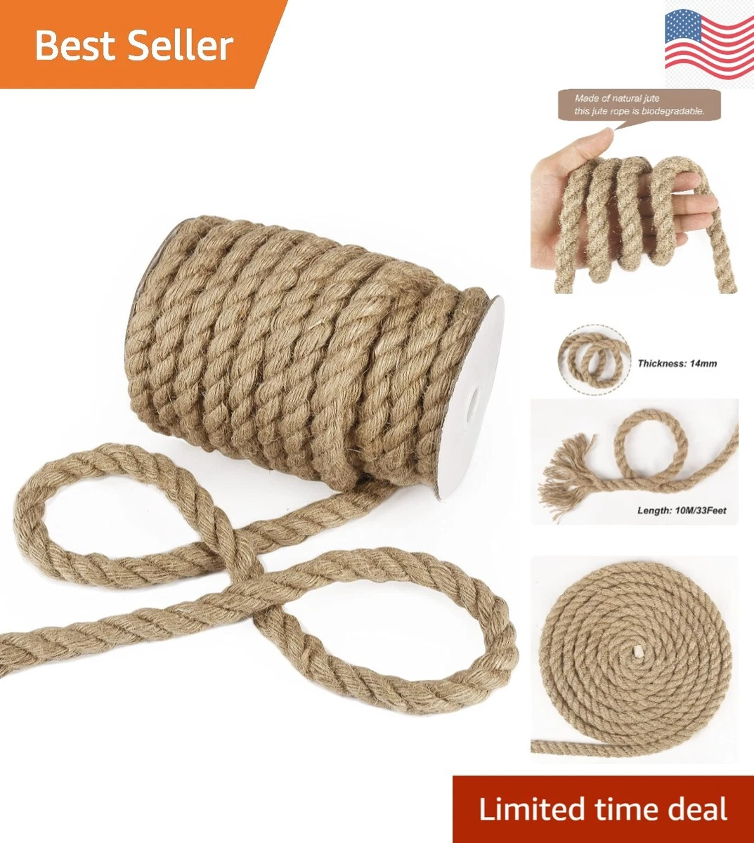 Extra Thick Jute Rope Twine - Twisted Cord for Crafting, Gardening