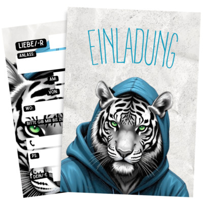 8er Kindergeburtstag Einladungen Junge - Weißer Tiger Einladungskarten #44