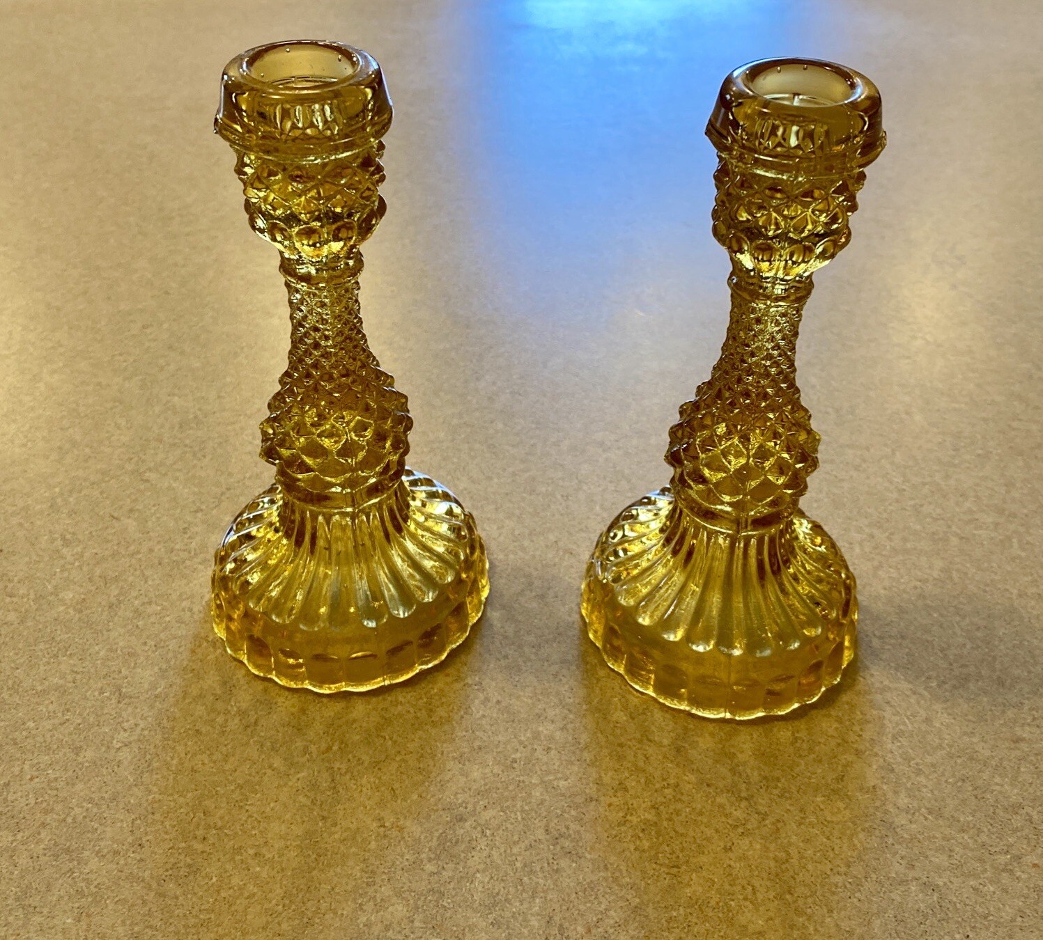 Vintage Westmoreland diamond cut, English hobnail amber candle stick