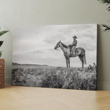 Vintage Cowboy On Horse Western Desert Landscape Canvas Wall Art Print