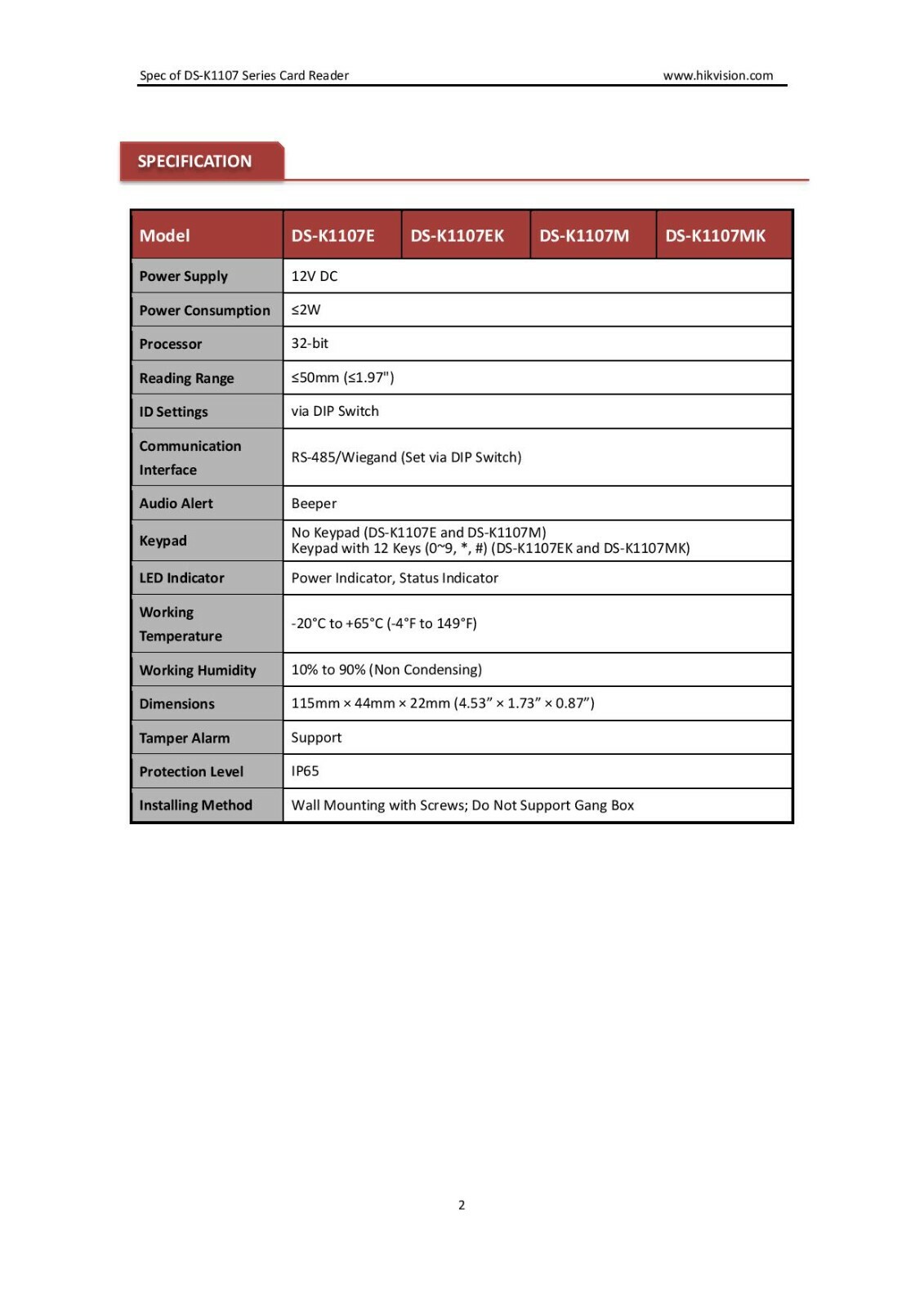 Hikvision Pro DS-K1107E EM Card Reader, RS485, OSDP and Wiegand Protocol, 12 VDC