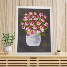 40x30 Quadro Dipinto a Mano Vaso di Fiori Incorniciato - Gesso e Acrilico