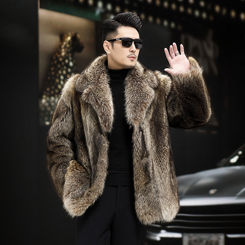 Lapel Men Faux Fur Winter Mid-length Fox Fur One-piece Mink Coat