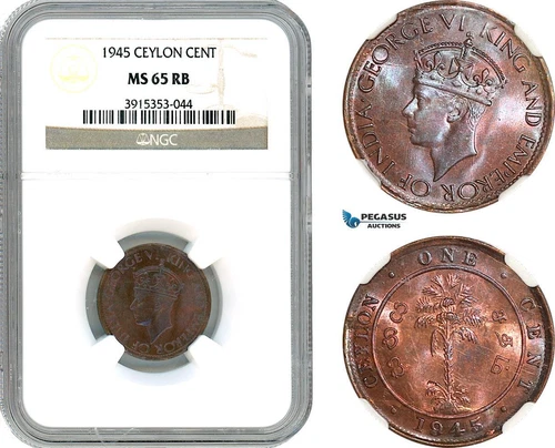 AJ689, Ceylon, George VI, 1 Cent 1945, NGC MS65RB