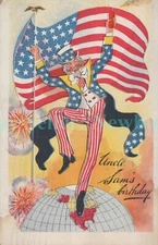 Fourth of July - UNCLE SAM DANCING ON EARTH - Patriotic Postcard 4th