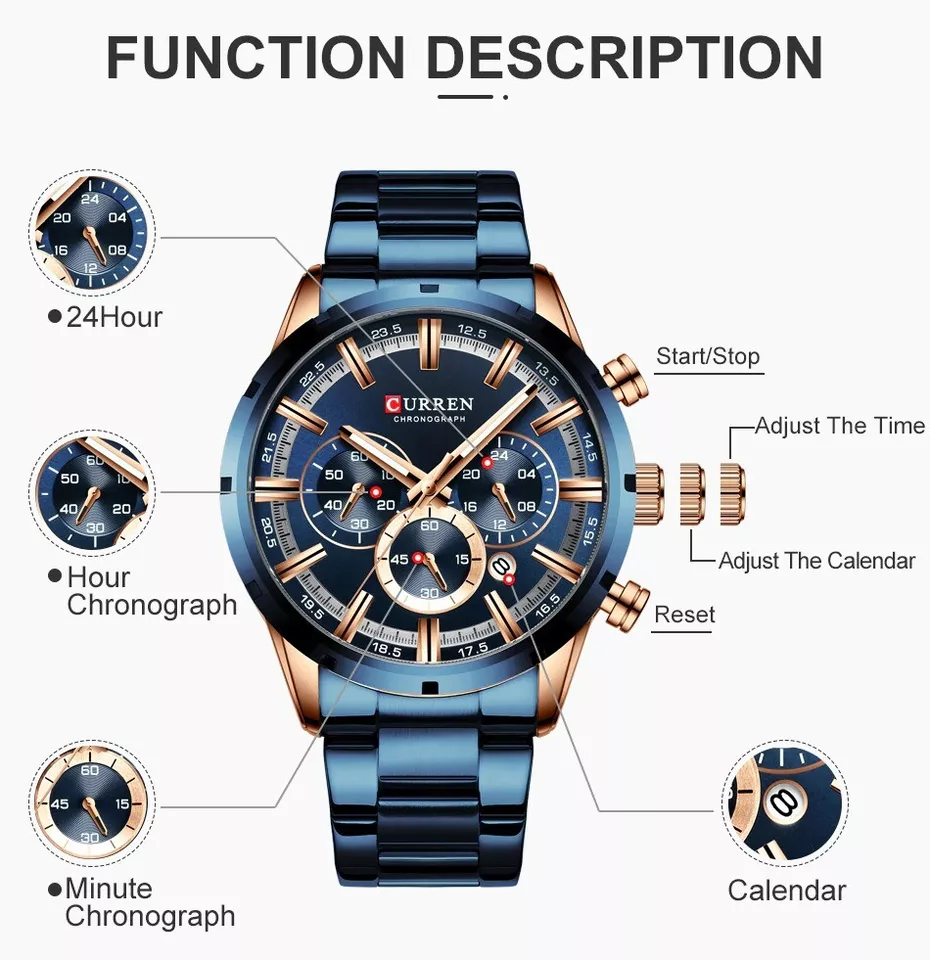 CURREN Men Watch Top Brand Luxury Sports Quartz Mens Full Steel Waterproof Watch - Image 3 of 4