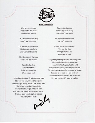 THE STROKES NICK VALENSI SIGNED HARD TO EXPLAIN LYRIC SHEET GUITAR PLAYER