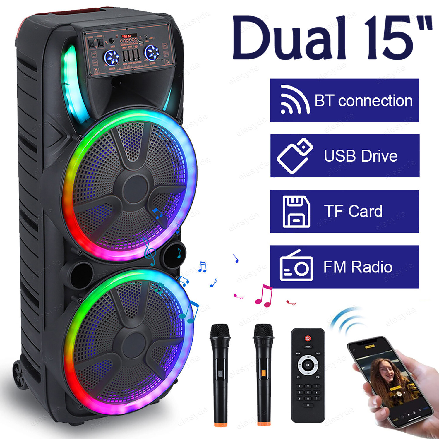 Dual 15'' Portable Bluetooth PA Speaker with Wireless 2 Mics, Karaoke, DJ Lights