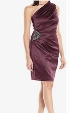 ELIZA J One-Shoulder Beaded Satin Cocktail Dress Eggplant 8 NWT $168