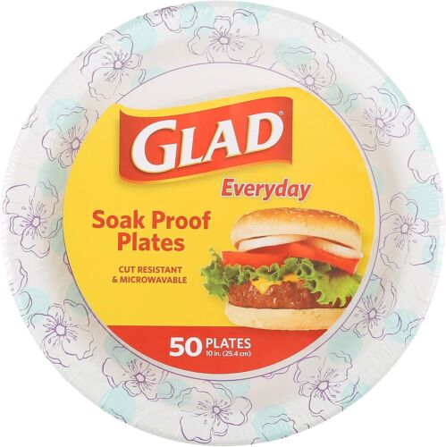 Glad 10" Disposable Plates, 50 Count - Heavy Duty, Soak Proof, Microwave Safe