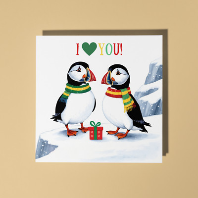 Süße Papageientaucher mit Geschenk - Ich liebe dich - Premium Karte & Umschlag - personalisiert