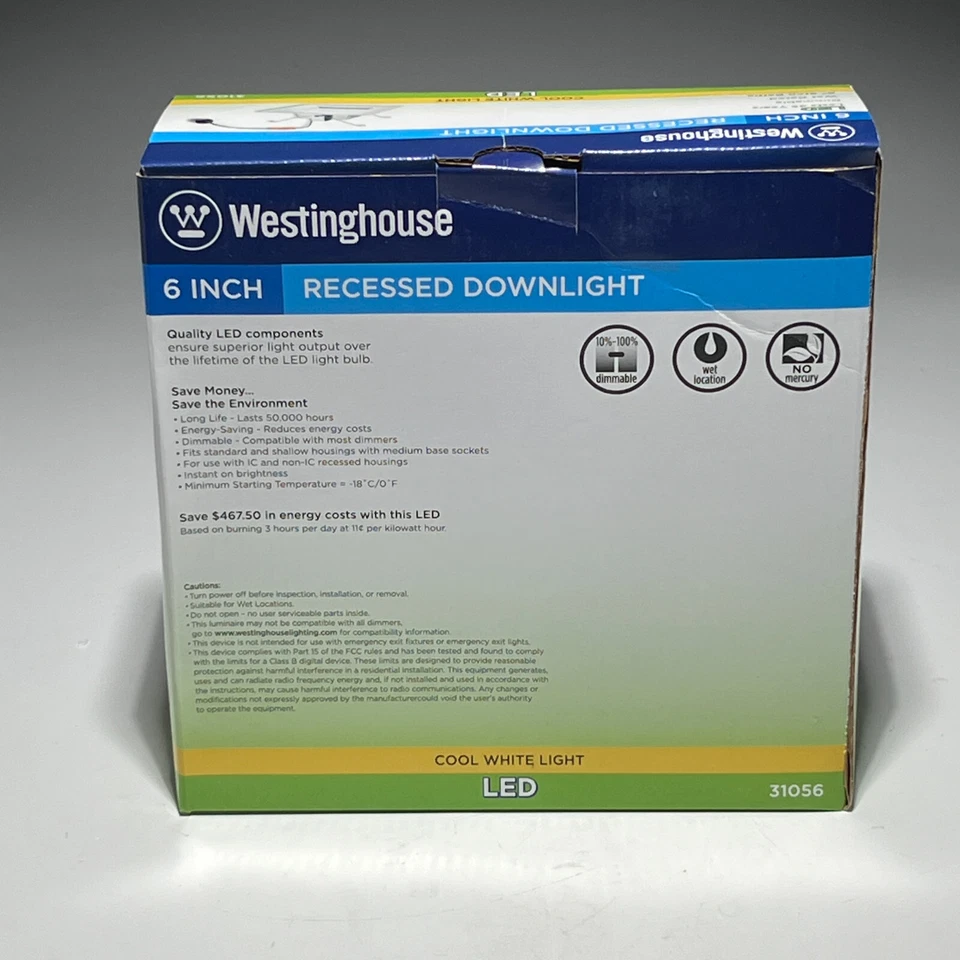Westinghouse 6" Cuadrado Empotrado Luz LED 15 Vatios 31056 Regulable 4000K Caja de 6 Foto 4 de 4