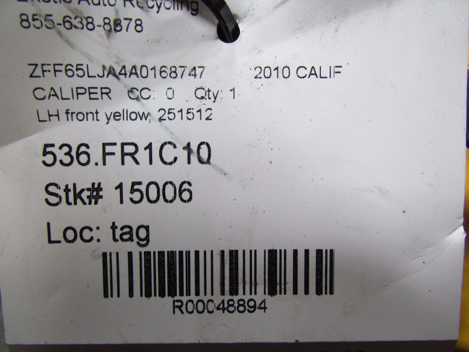 Ferrari California, LH, Left Front CCM Brake Caliper, Yellow, Used, P/N 251512